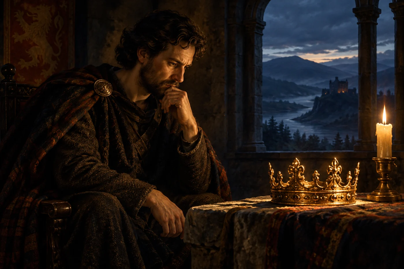 Macbeth considers a crown in the candlelight of a Scottish castle