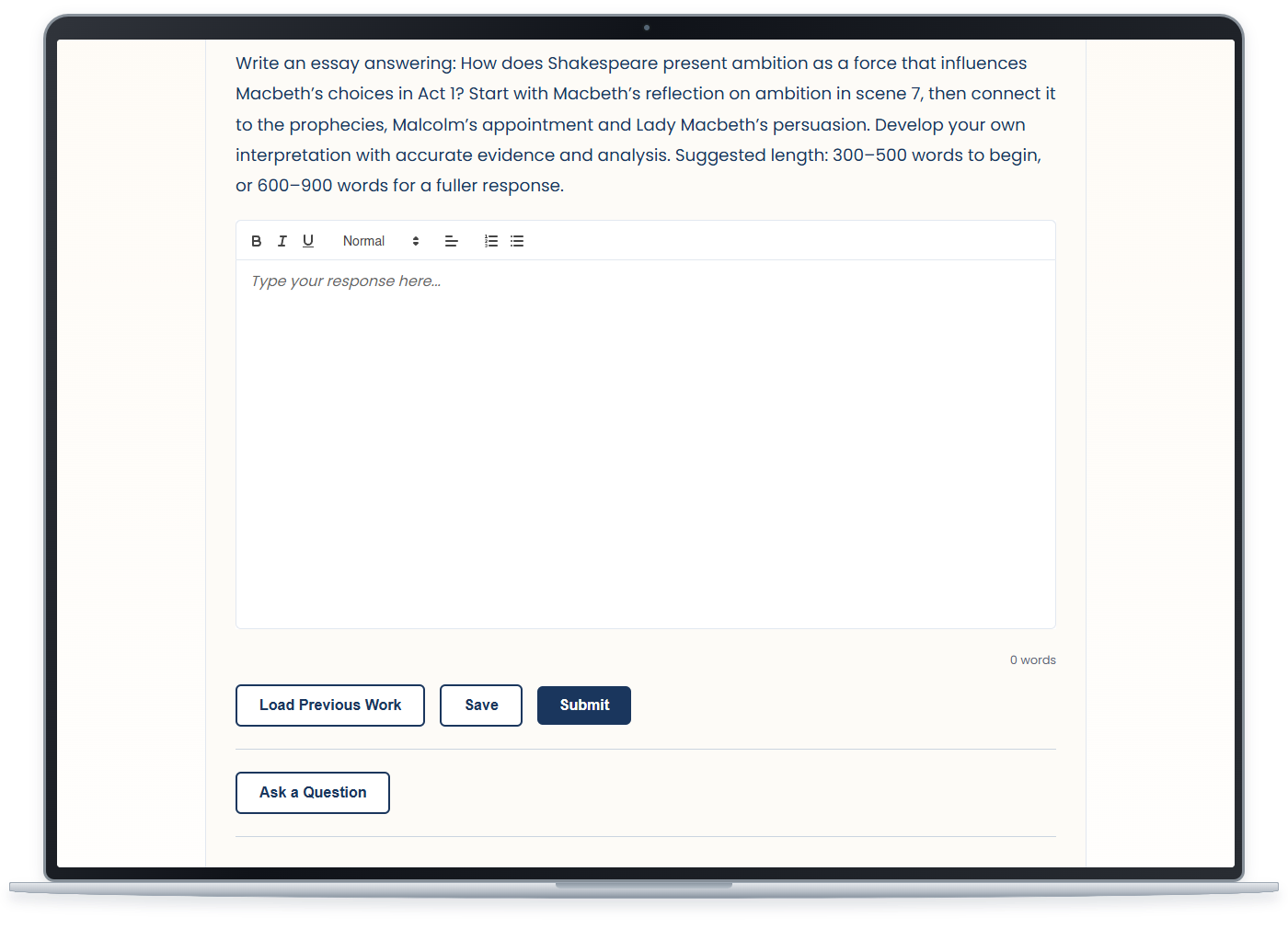 Macbeth Act 1 essay challenge about ambition, with a writing box, word count, Save and Submit buttons; select to enlarge the essay screenshot