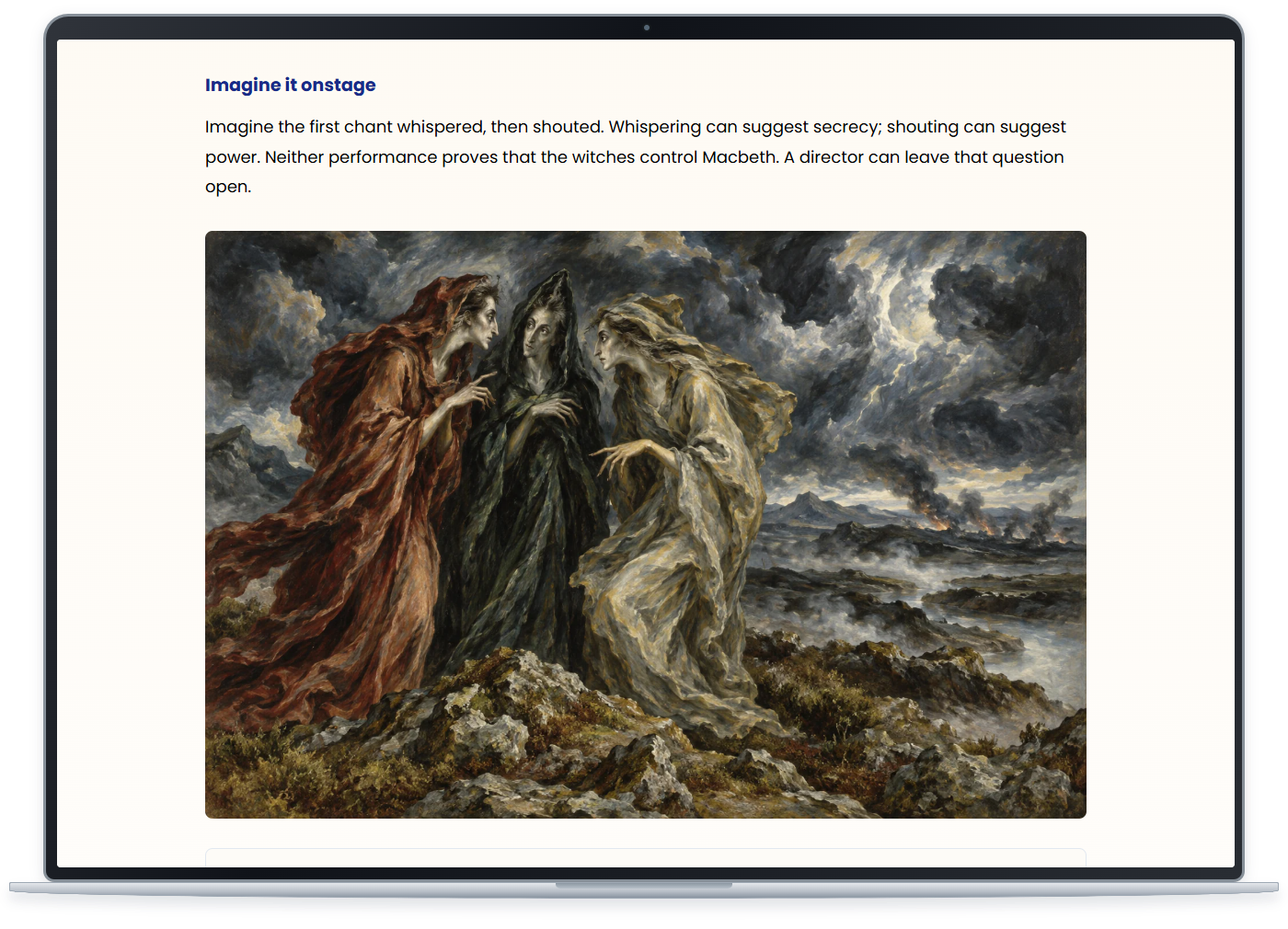 Macbeth course lesson showing an explanation of staging and a painting of the three witches; select to enlarge the lesson screenshot