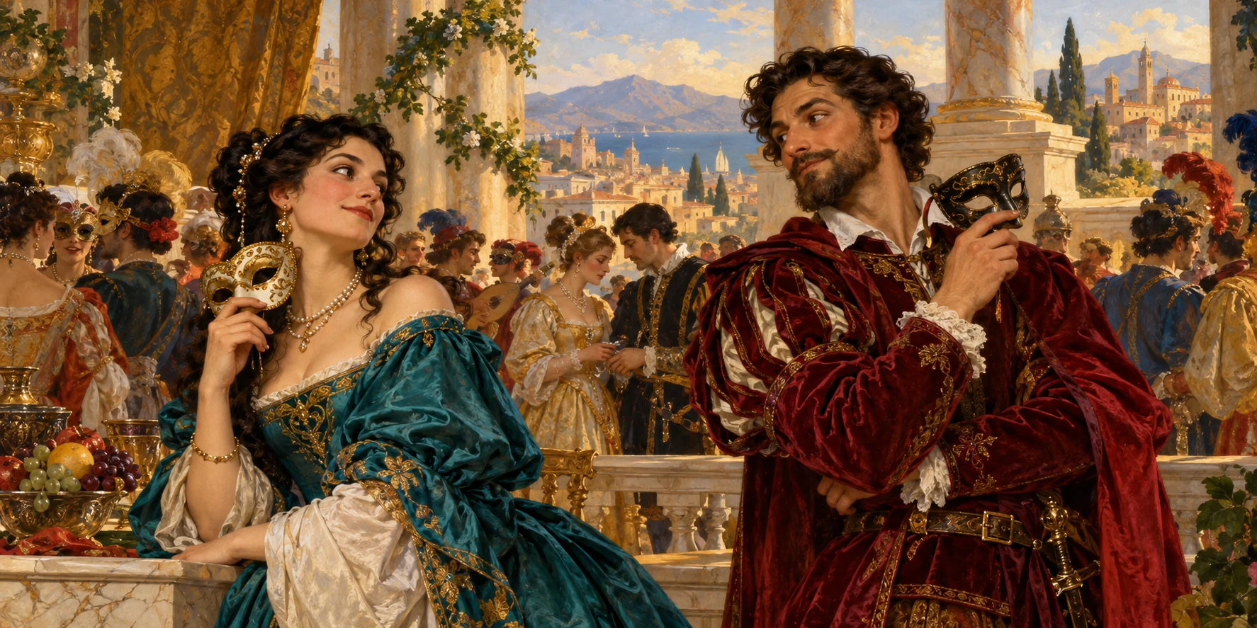 Beatrice and Benedick exchange amused looks at a masked celebration in Messina