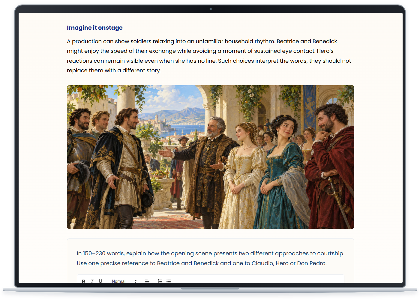 Much Ado About Nothing lesson with clear course text and an illustration of the opening welcome; select to enlarge