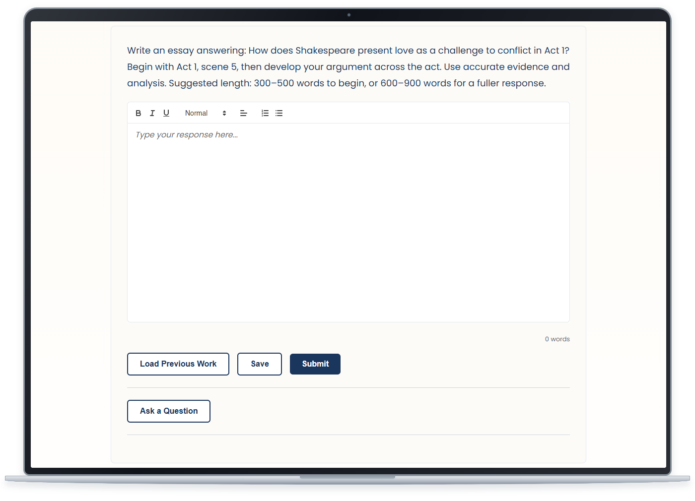 Romeo and Juliet Act 1 essay challenge about love and conflict, with a writing box, word count, Save and Submit buttons; select to enlarge the essay screenshot