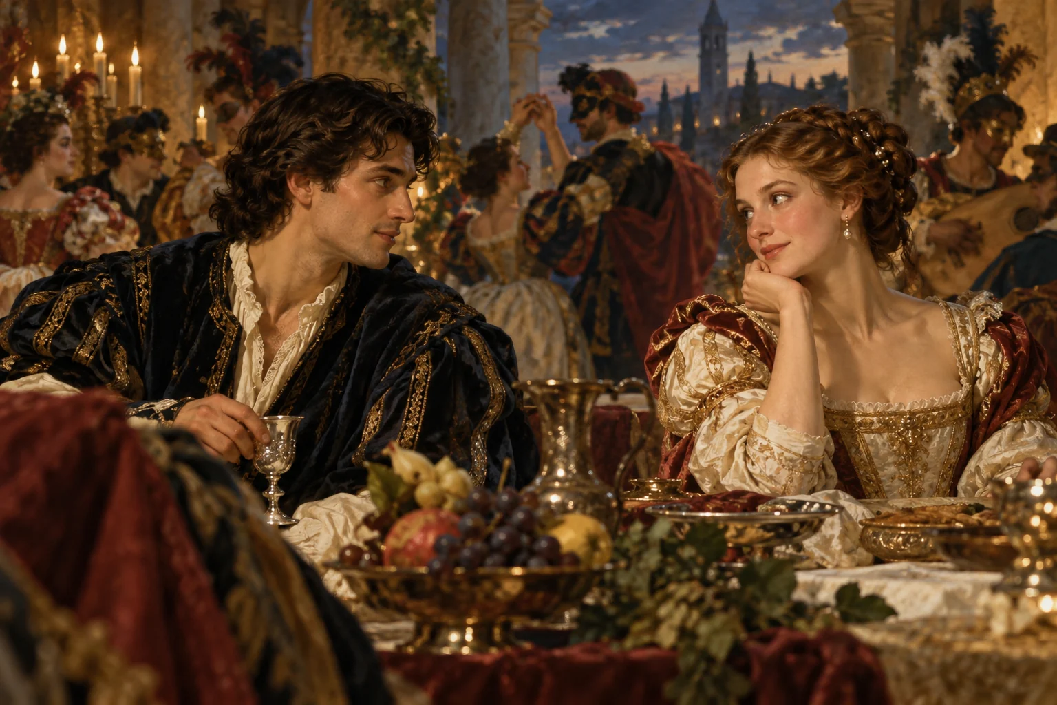 Two adult performers portraying Romeo and Juliet meet beneath the warm lights of a Renaissance Verona feast