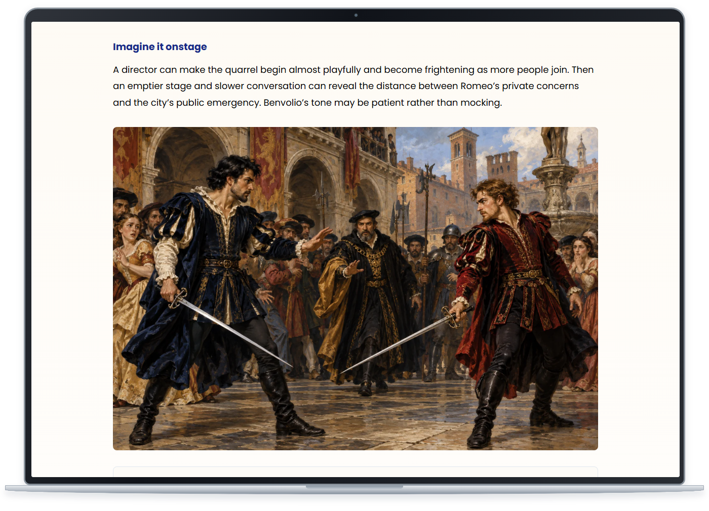 Romeo and Juliet lesson with clear course text and an illustration of the opening street scene; select to enlarge