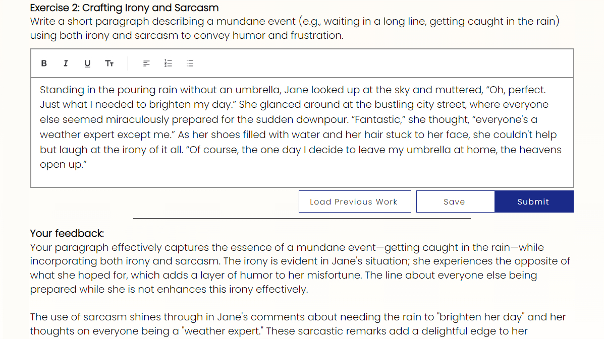 An exercise response with detailed writing feedback